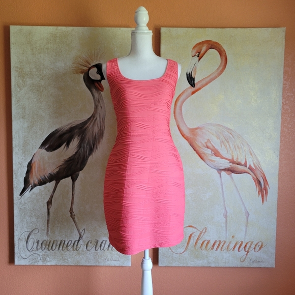 Guess Los Angeles Bodycon Ripple Dress Coral 10 - Picture 1 of 16